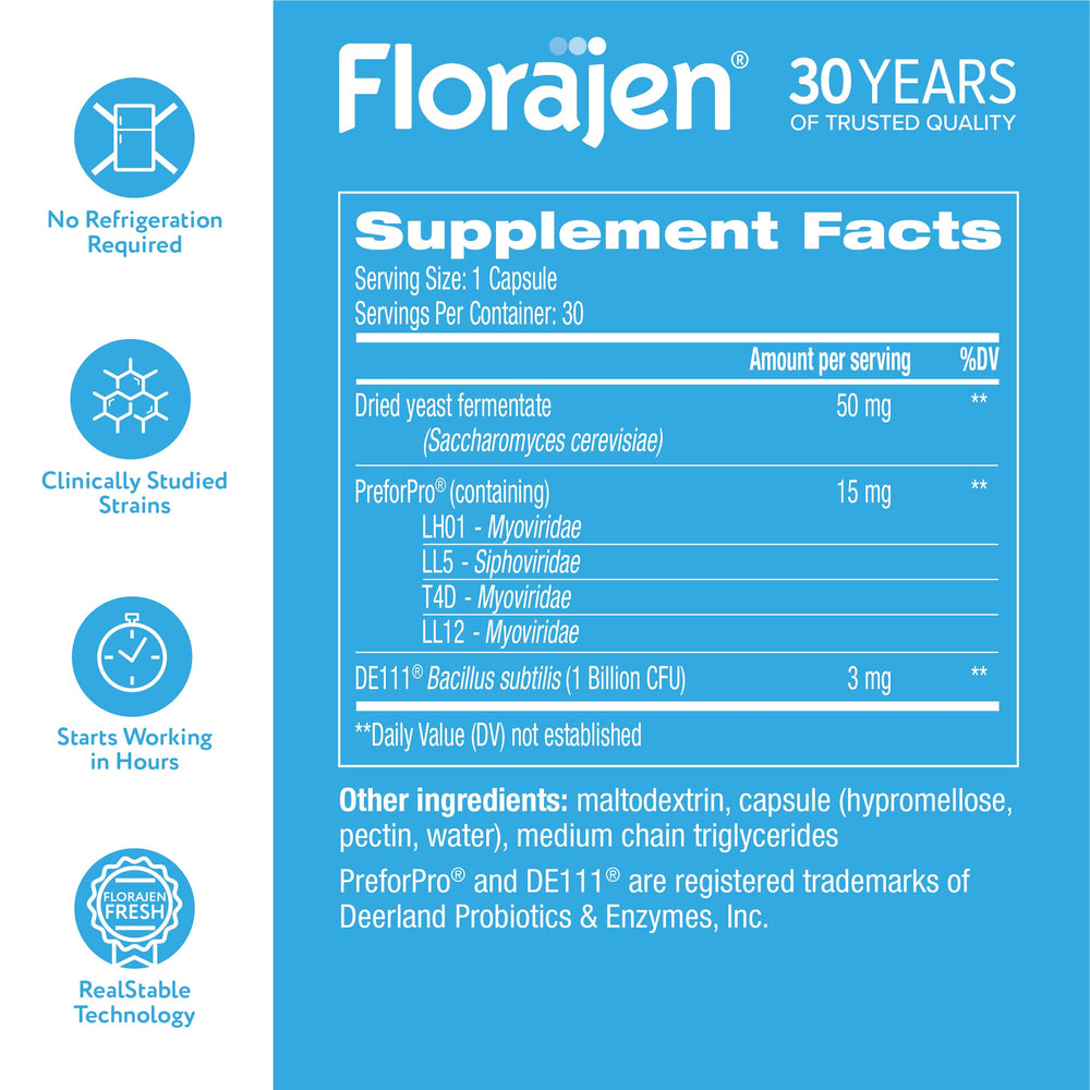 Florajen clean-ingredient badges emphasizing vegan and allergen-free benefit