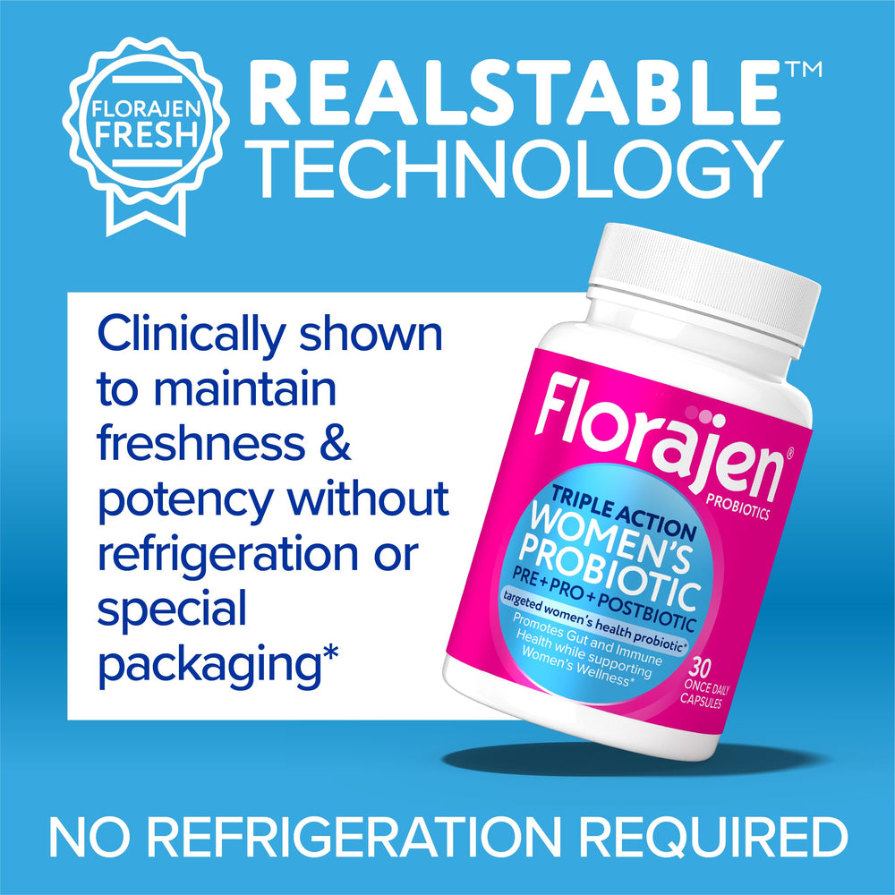 Florajen bottle in hand for scale showing compact travel-friendly benefit