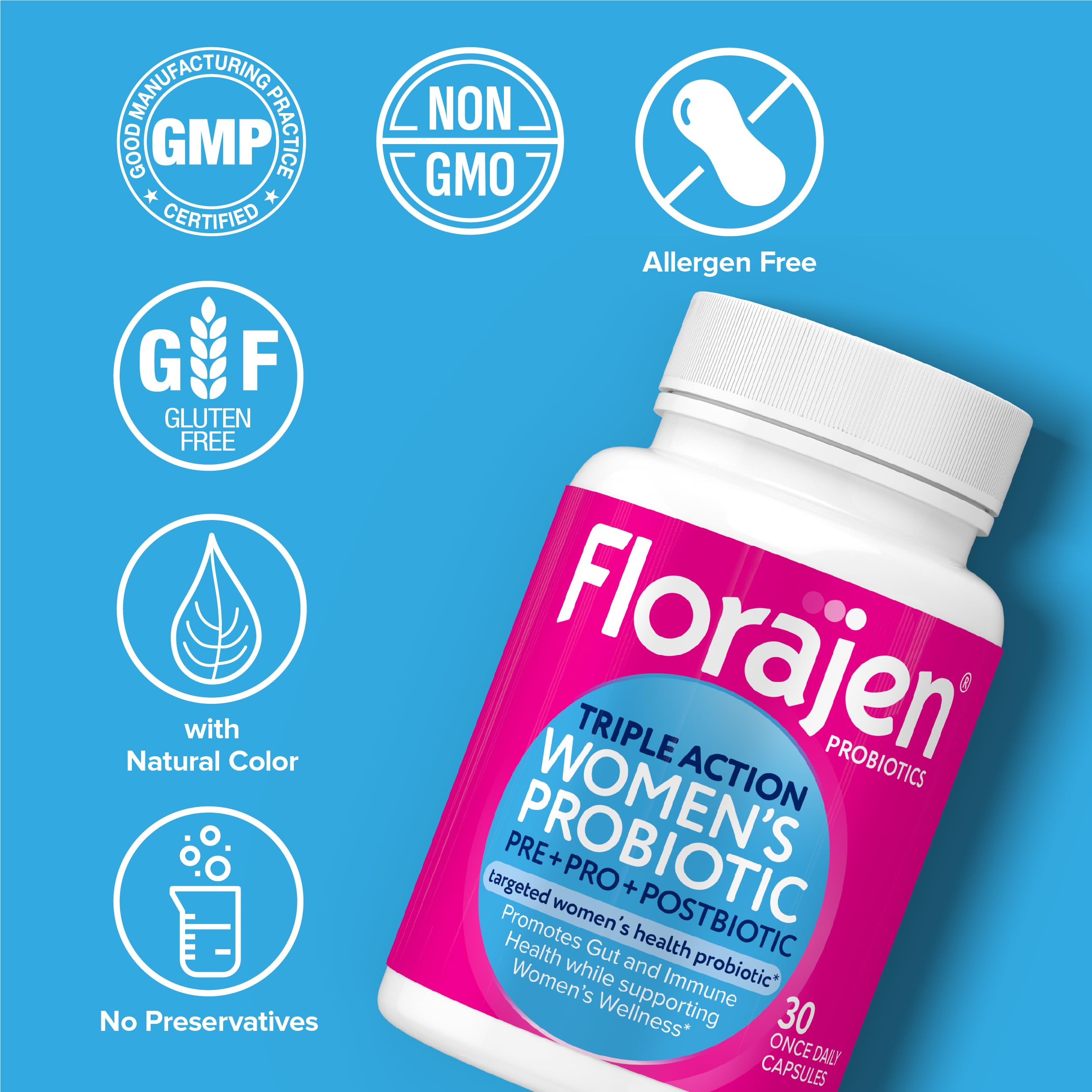 Woman using Florajen in kitchen highlighting easy integration into lifestyle