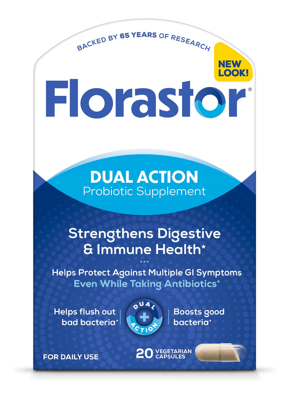 Florastor front packaging showing 20 capsules and brand for quick identification and trust