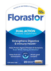 Florastor front packaging showing 20 capsules and brand for quick identification and trust