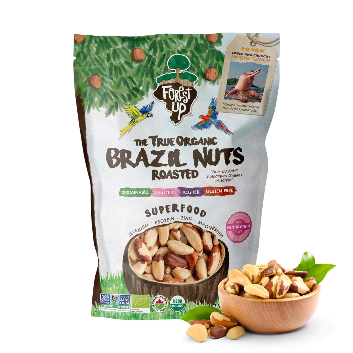 Floresta em Pé front bag view showing Forest Up Brazil Nuts and 15 oz label for easy identification and freshness