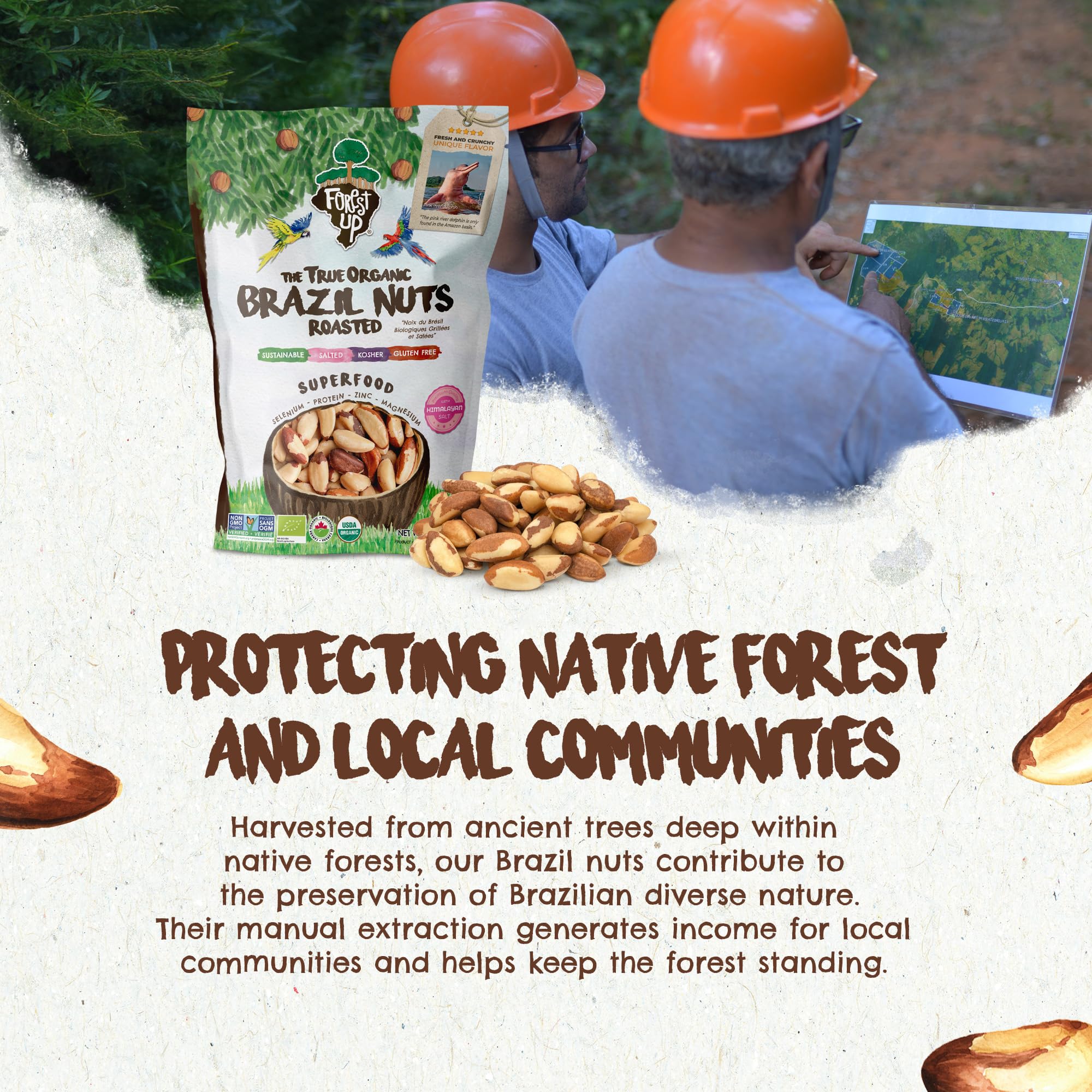 Floresta em Pé ingredient and organic certification label close-up conveying non-GMO and organic assurance
