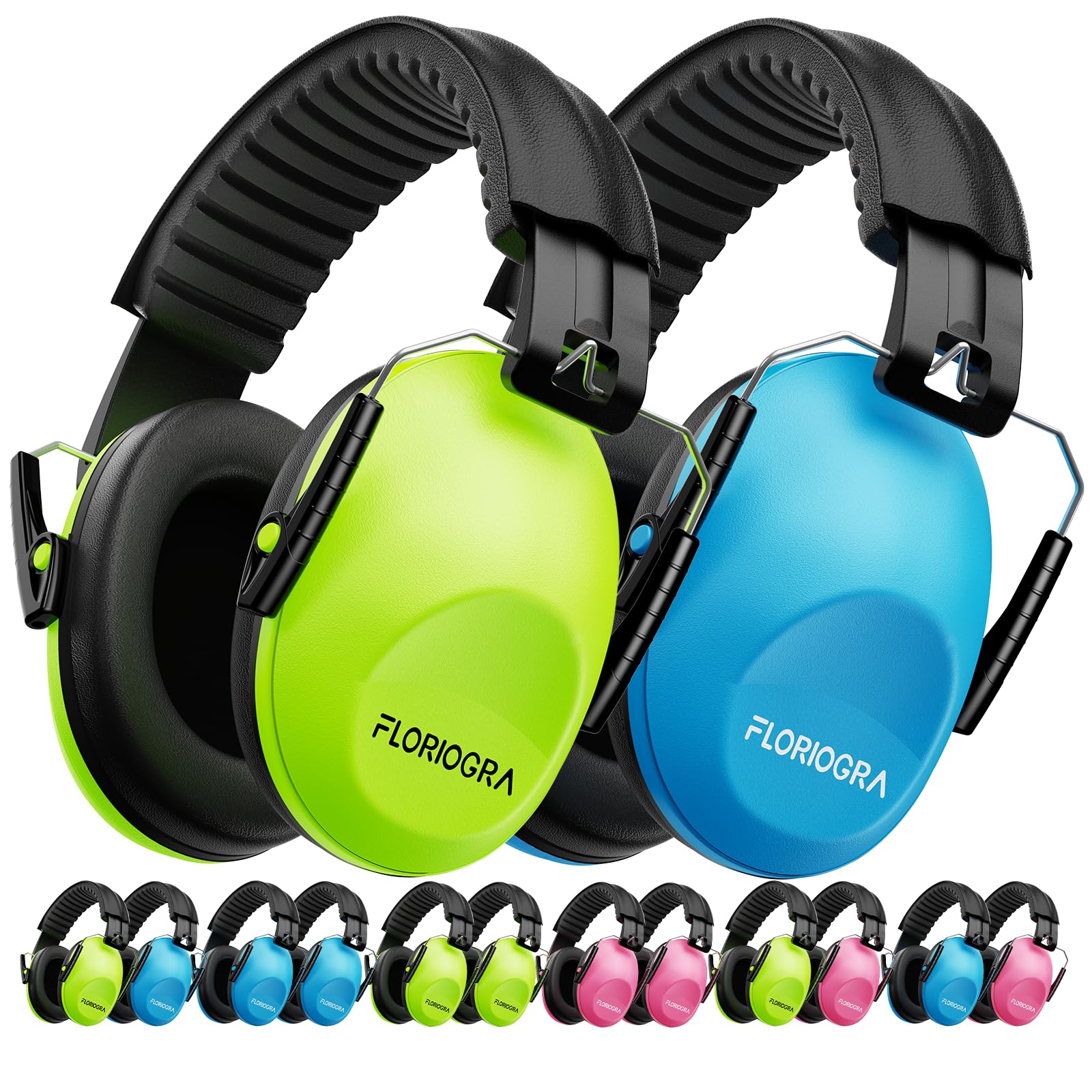 Floriogra front packaging showing two earmuffs and key features, clear benefit of value