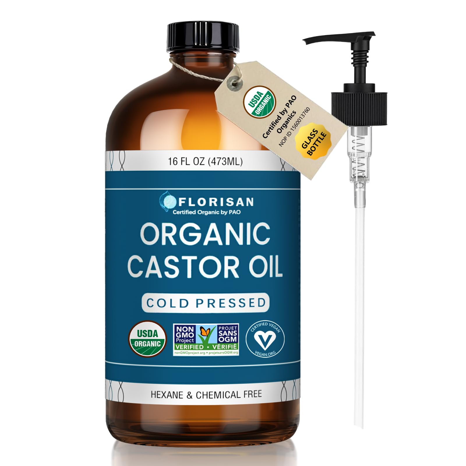 Florisan front bottle showing 16oz organic castor oil and clean packaging benefit