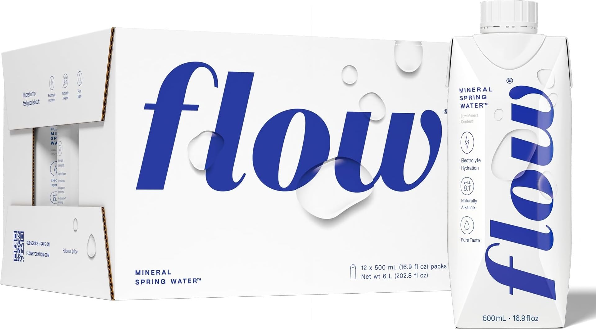 Flow 12-pack front view showing compact shelf-friendly packaging and eco message