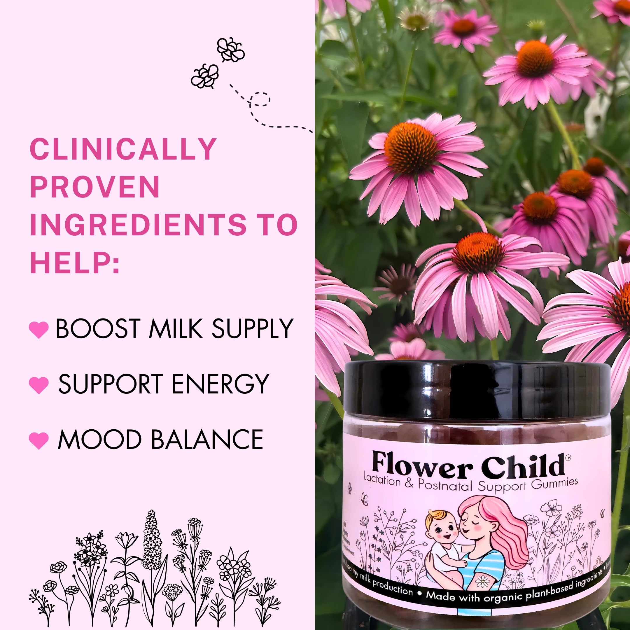 Flower Child open jar with vibrant gummies, easy daily dosing visible