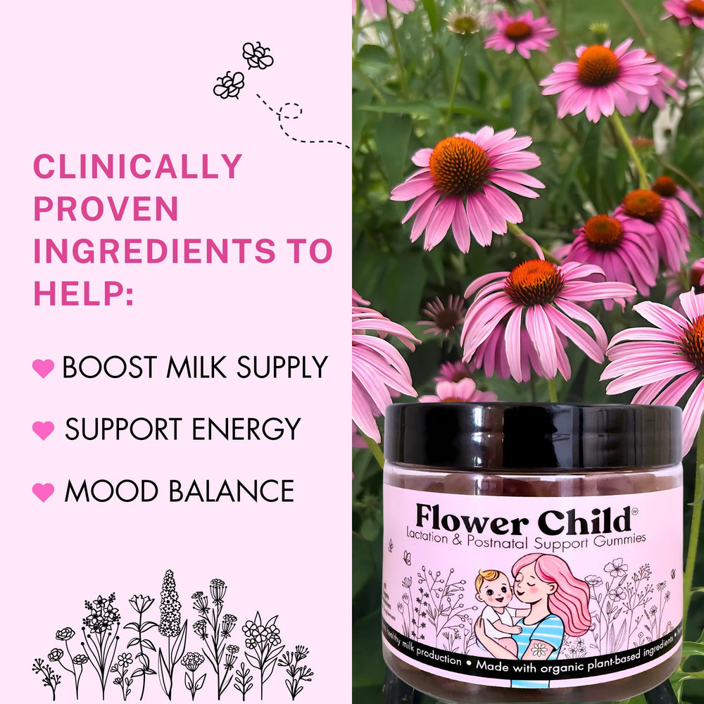 Flower Child open jar with vibrant gummies, easy daily dosing visible