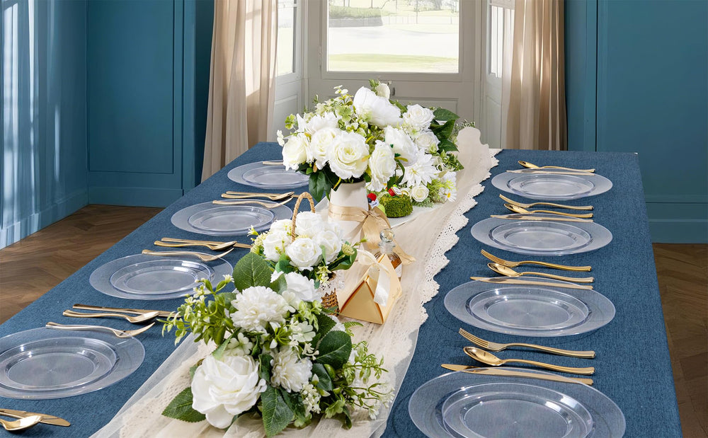 FLOWERCAT plates set on a wedding table, providing a polished disposable option