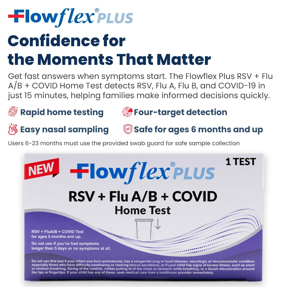 FLOWFLEX open kit with swab, reagent vial, and test cassette for quick use