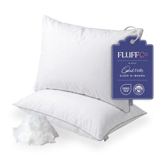 FluffCo front view of two-pack showing packaged hotel-style comfort