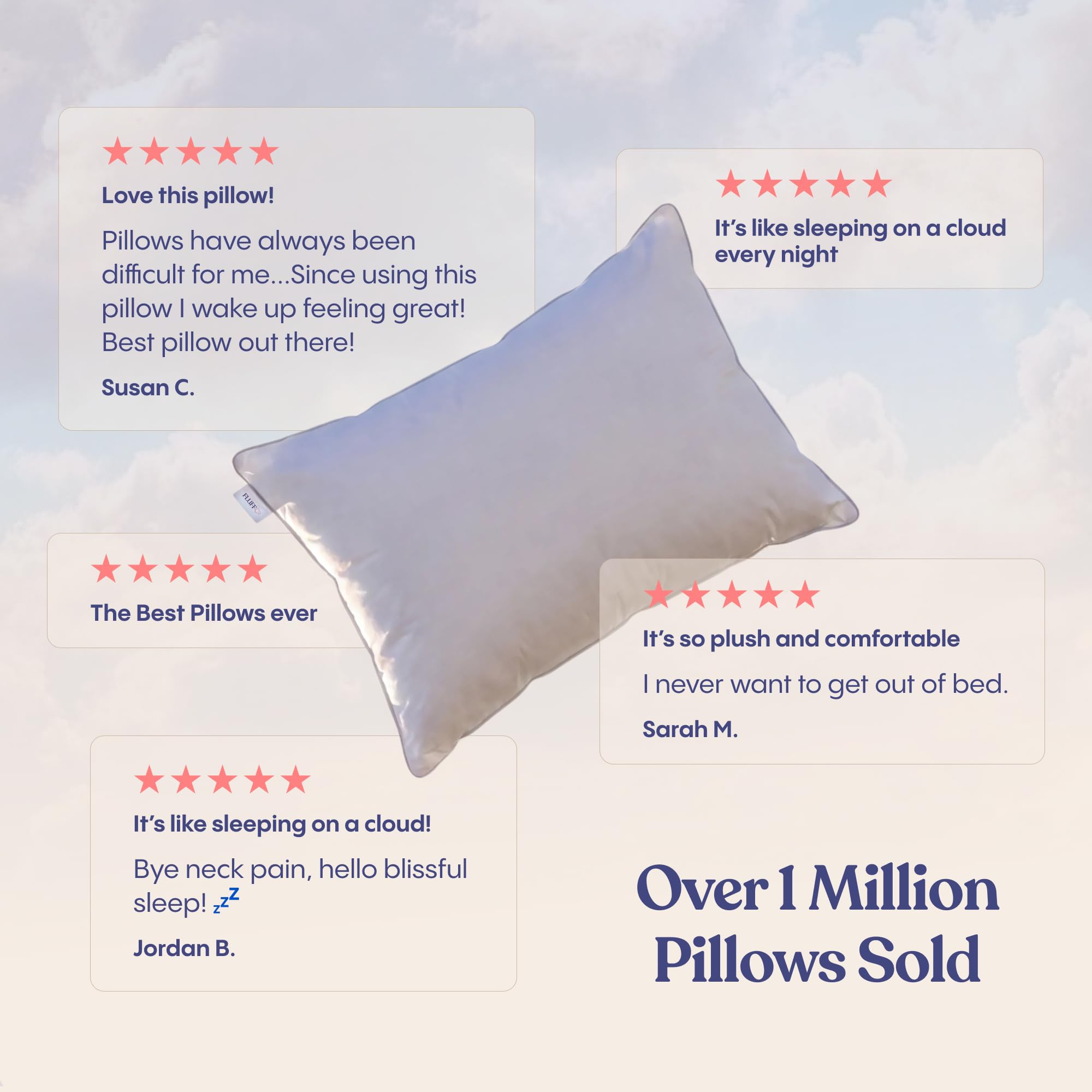 FluffCo pillow side profile demonstrating plush loft and support