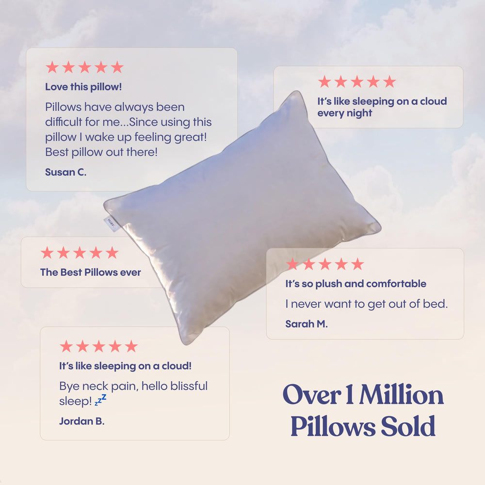 FluffCo pillow side profile demonstrating plush loft and support