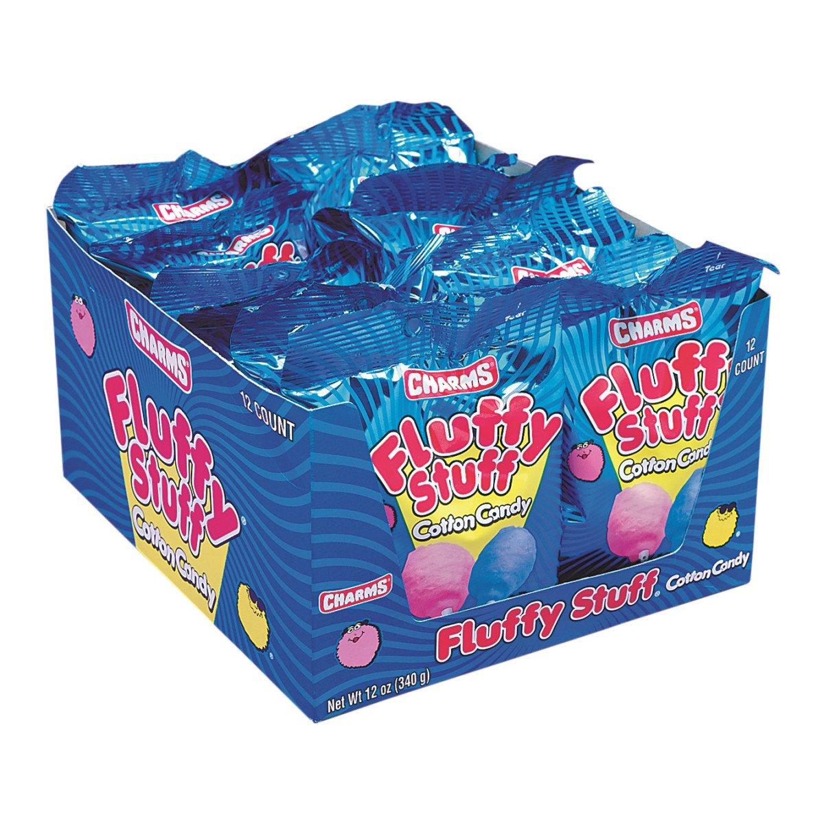 Fluffy Stuff front packaging showing pink and blue bags, conveying fresh treat portability