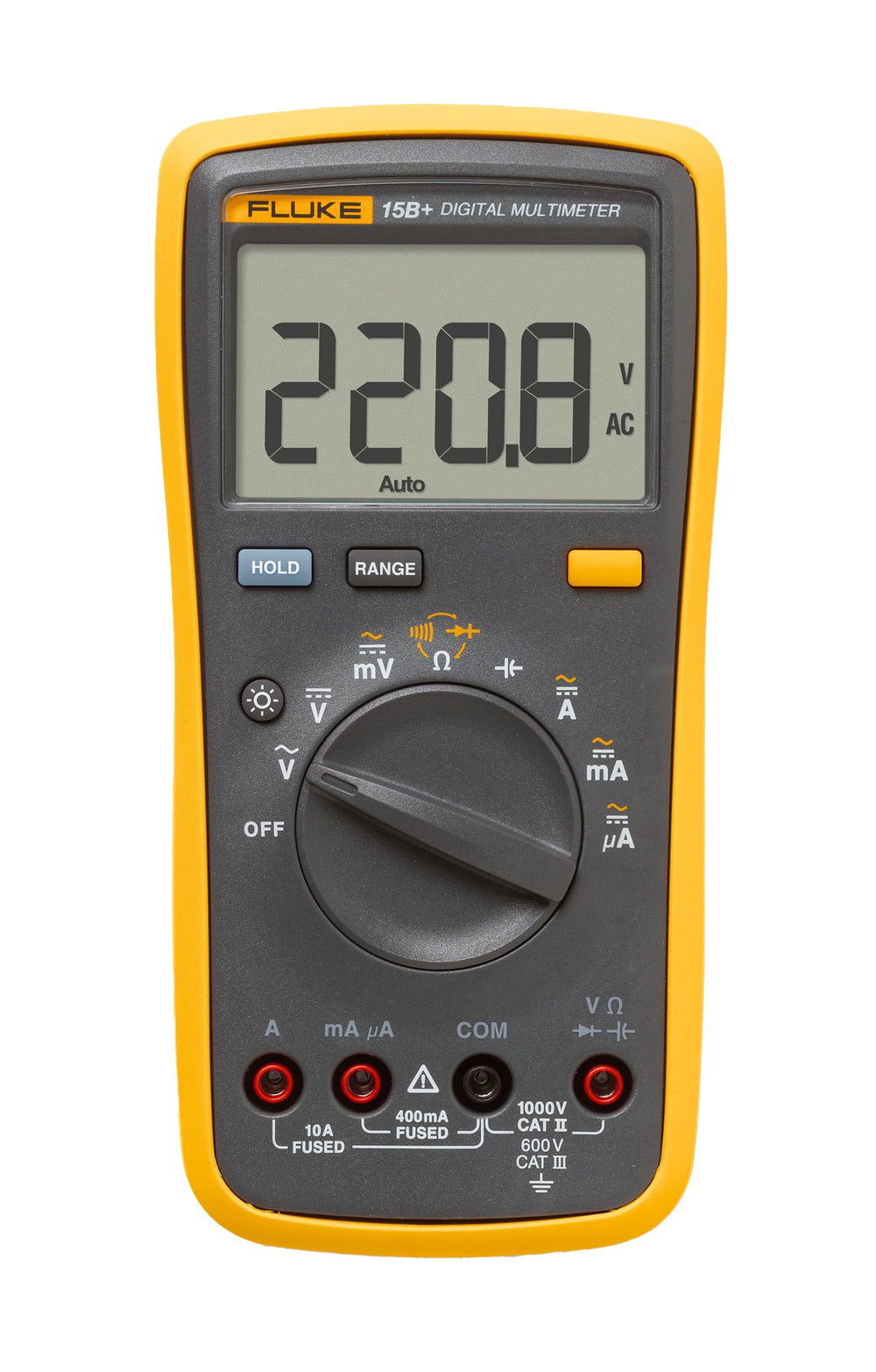 Fluke 15B+ front panel showing controls and rugged casing for reliable field use