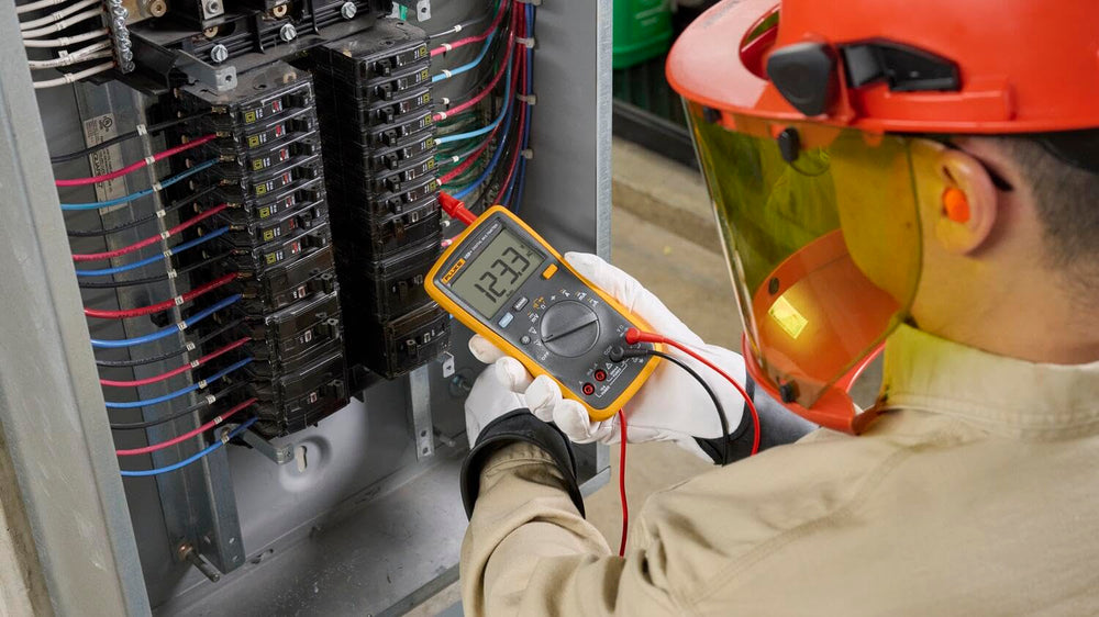 Fluke 15B+ measuring voltage inside electrical panel for fast troubleshooting benefit