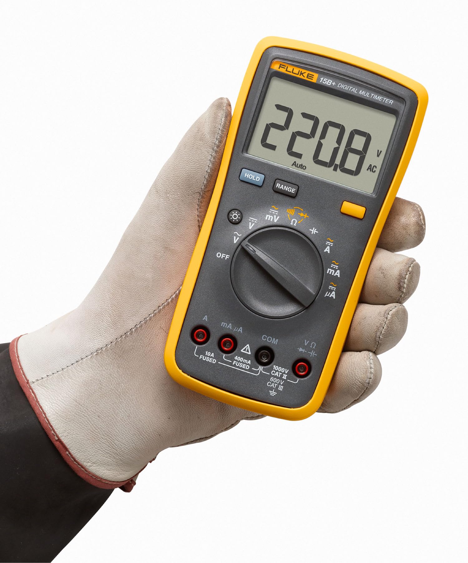 Fluke 15B+ probe connection detail illustrating secure inputs and safer testing