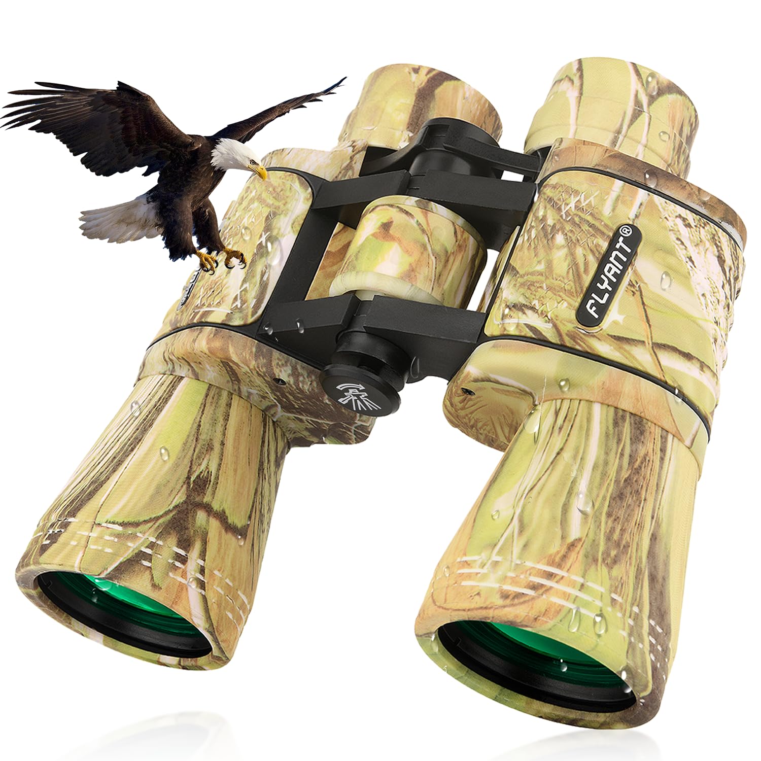 FLYANT front view showing full binoculars and benefits of wide-range viewing
