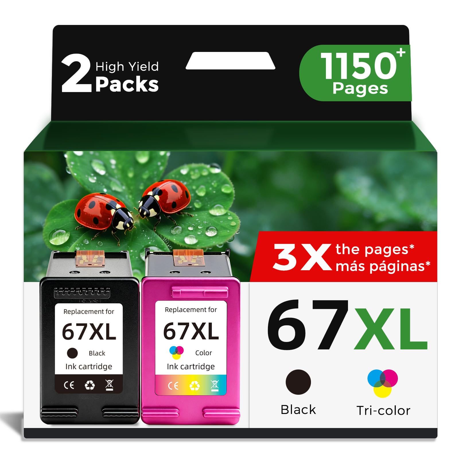FLYFAR 67XL front packaging showing black and color cartridges and cost savings