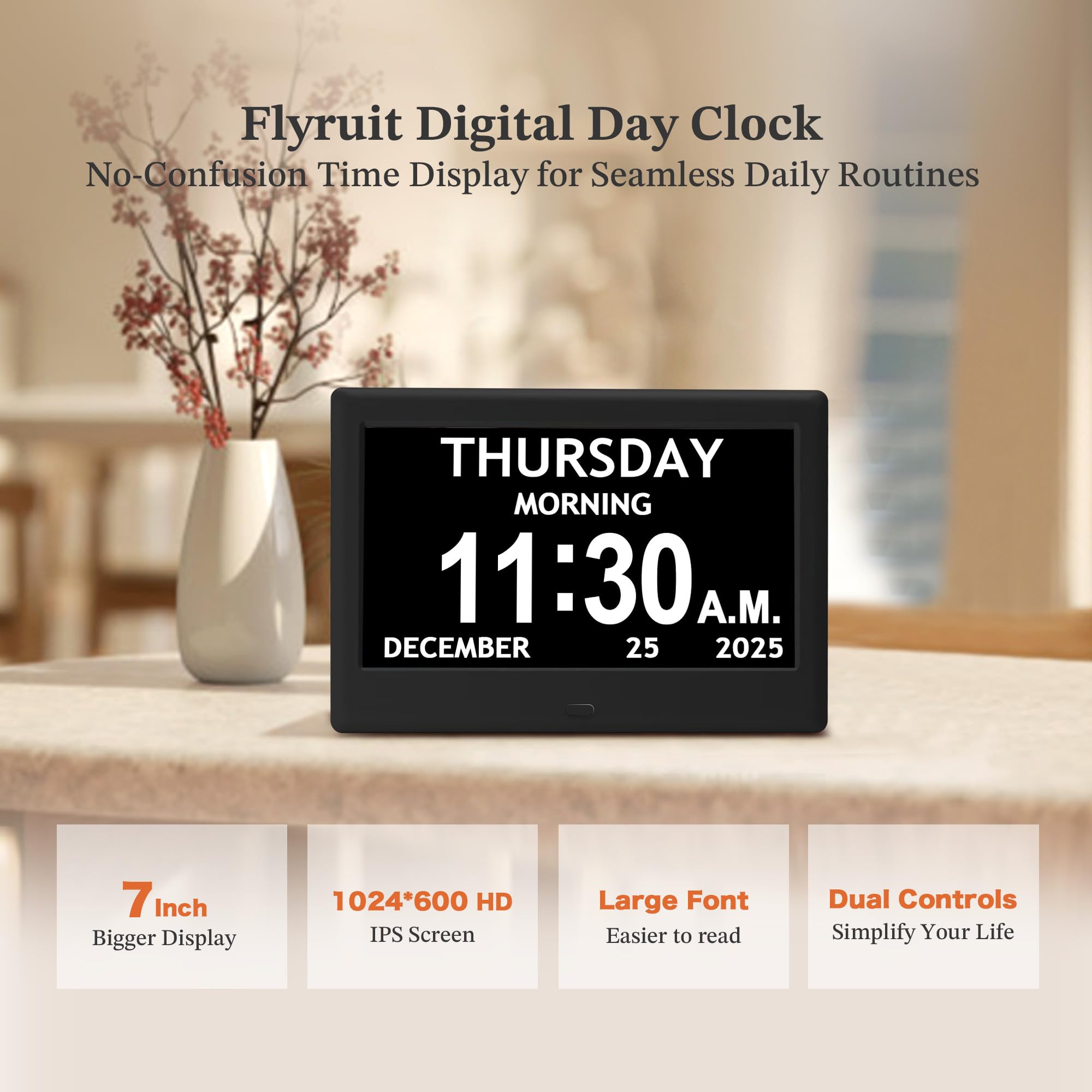 FLYRUIT side profile wall-mounted clock demonstrating neat installation