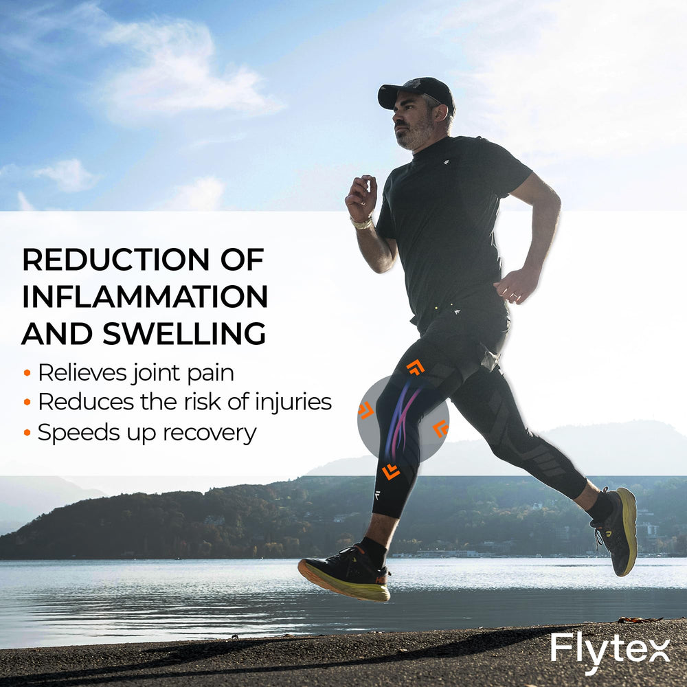 Flytex sleeve worn on leg showing stable fit and improved joint support