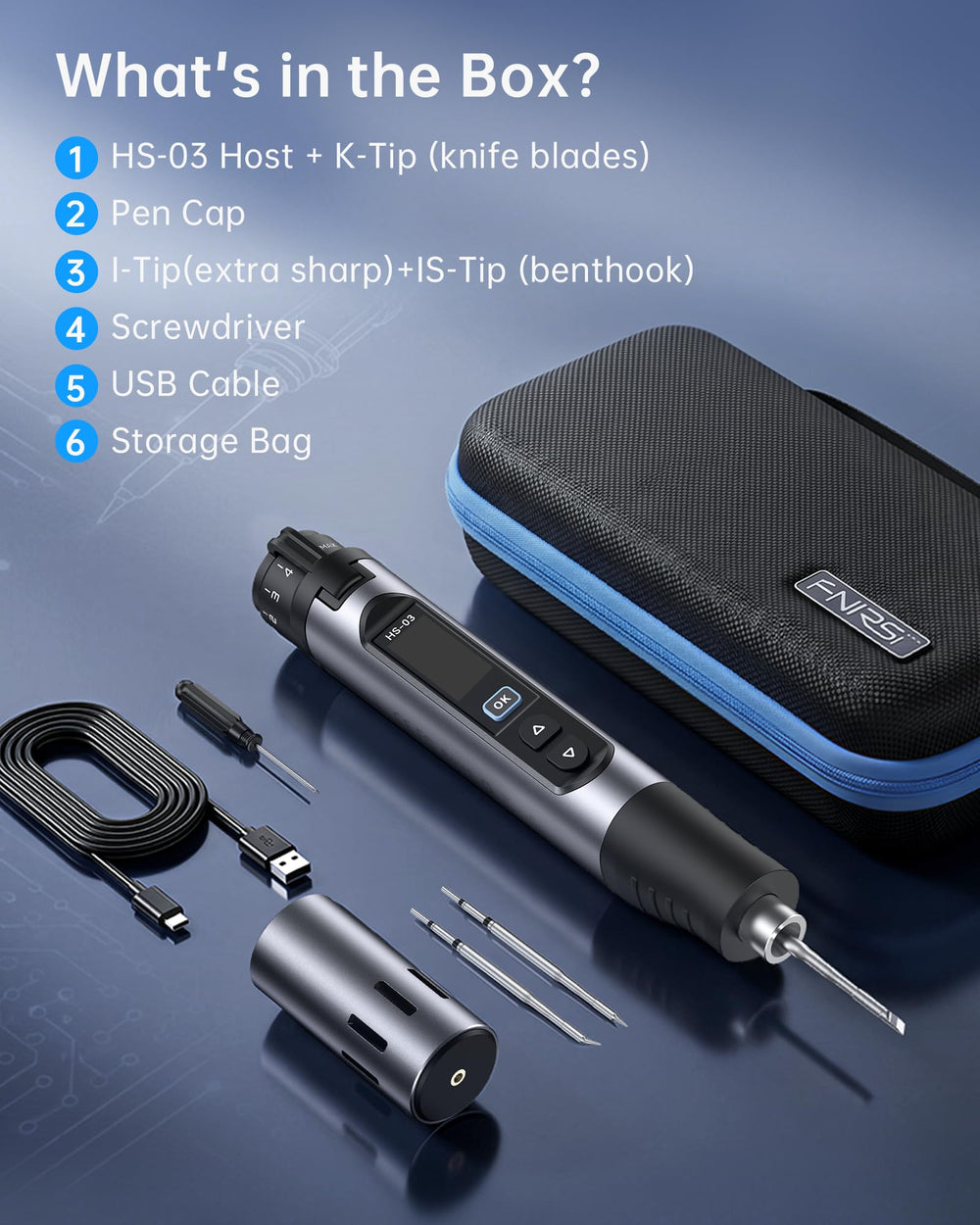 FNIRSI HS-03 kit packaging with accessories and battery included