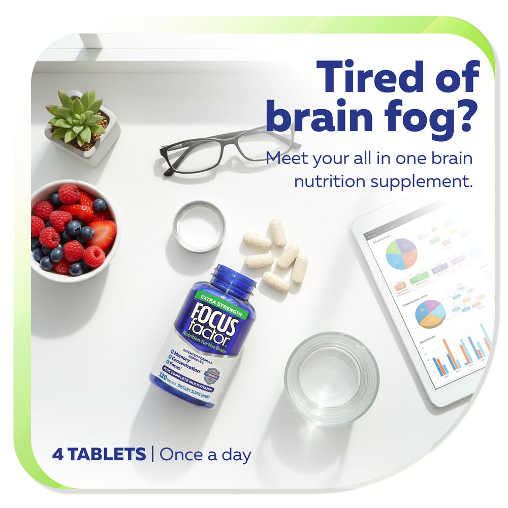 Focus Factor capsule beside tablet and notebook illustrating daily routine support