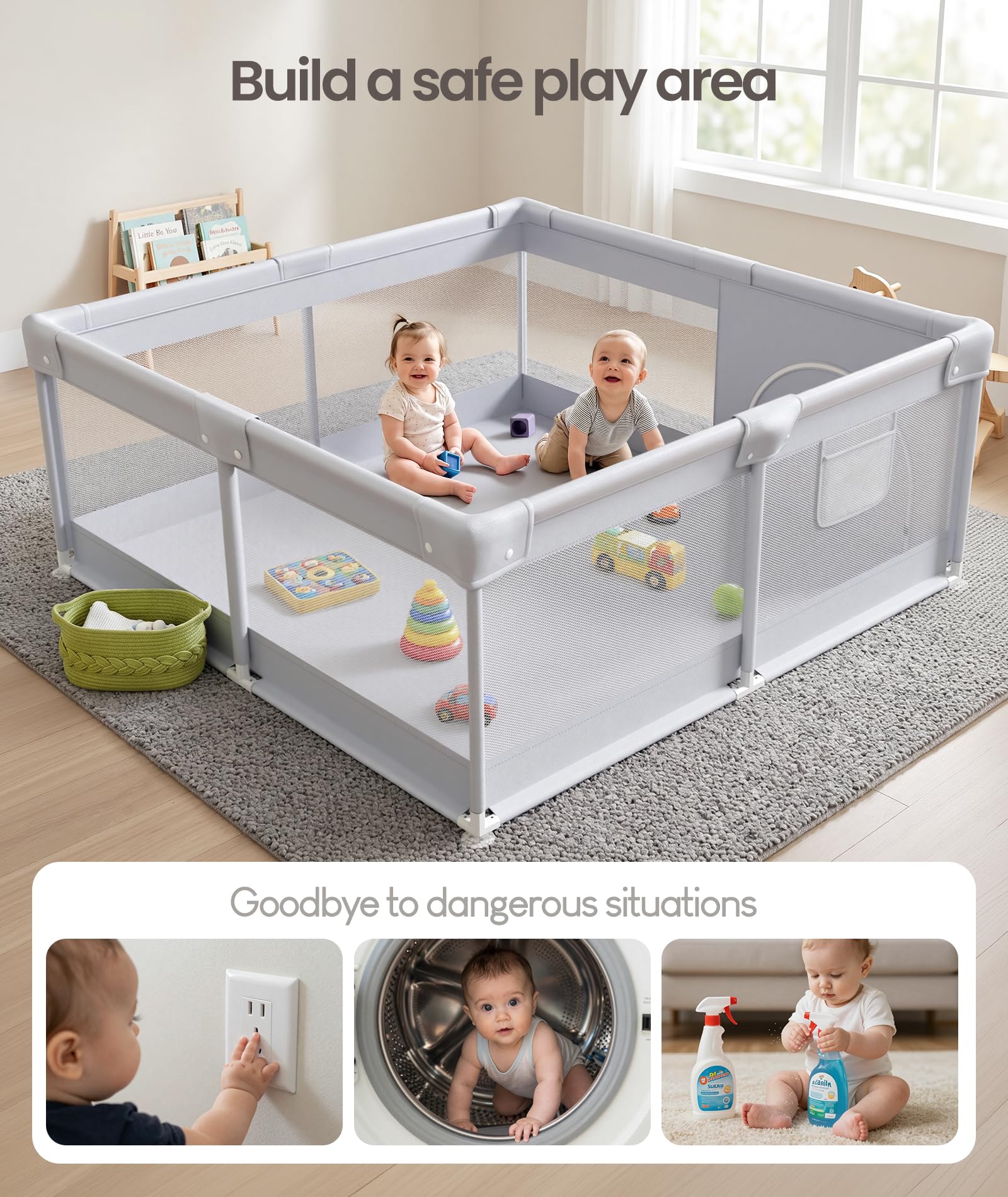 Fodoss playpen set up in living room for convenient supervision