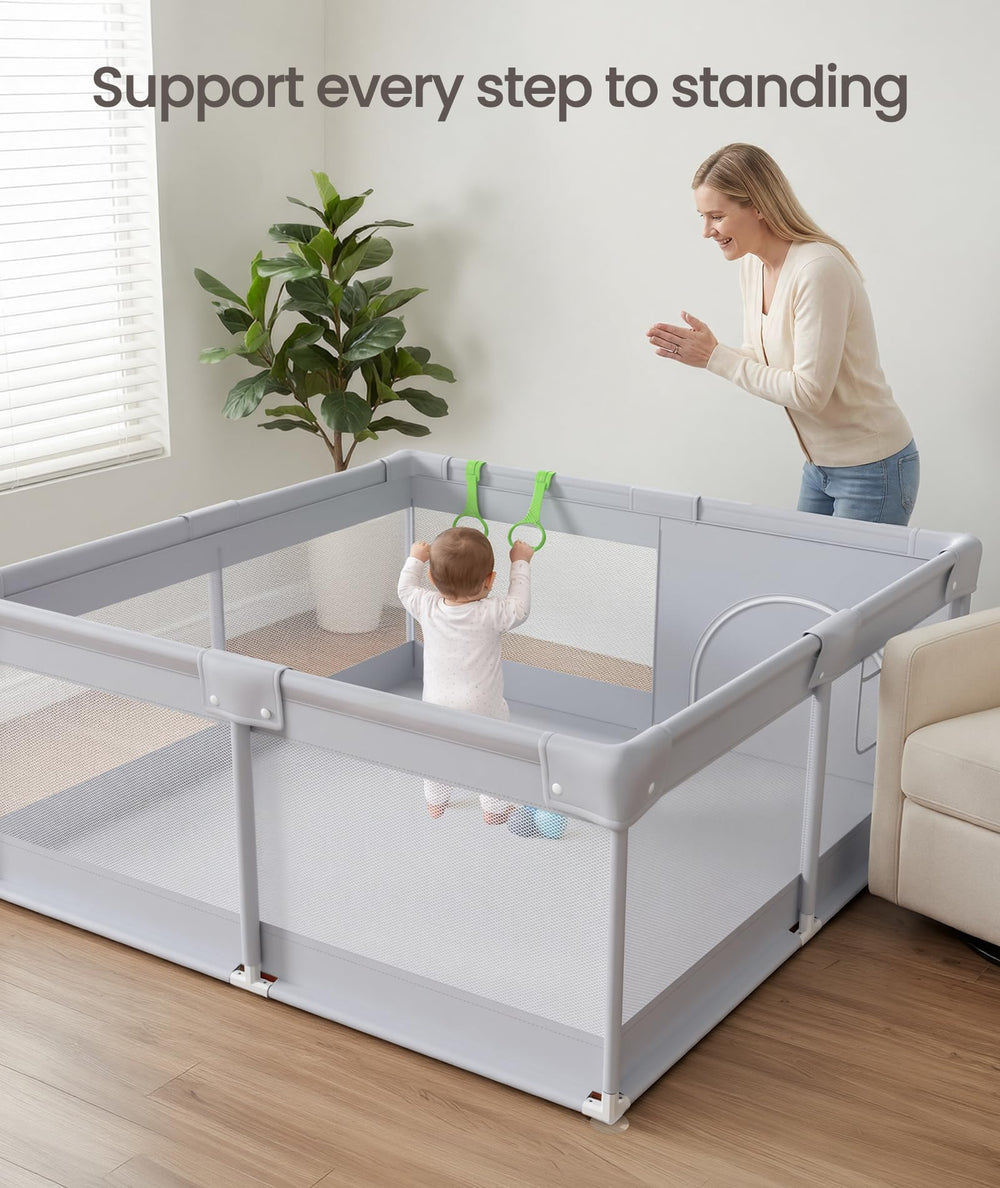 Fodoss playpen exterior storage pocket holding diapers and wipes