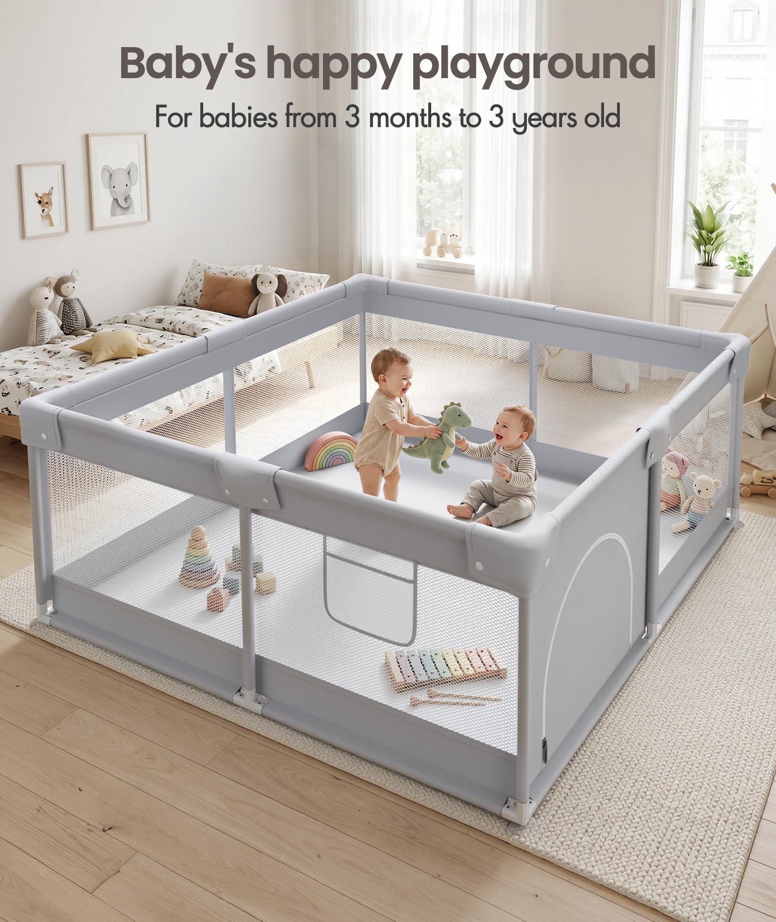 Fodoss playpen with two babies playing demonstrating roomy space
