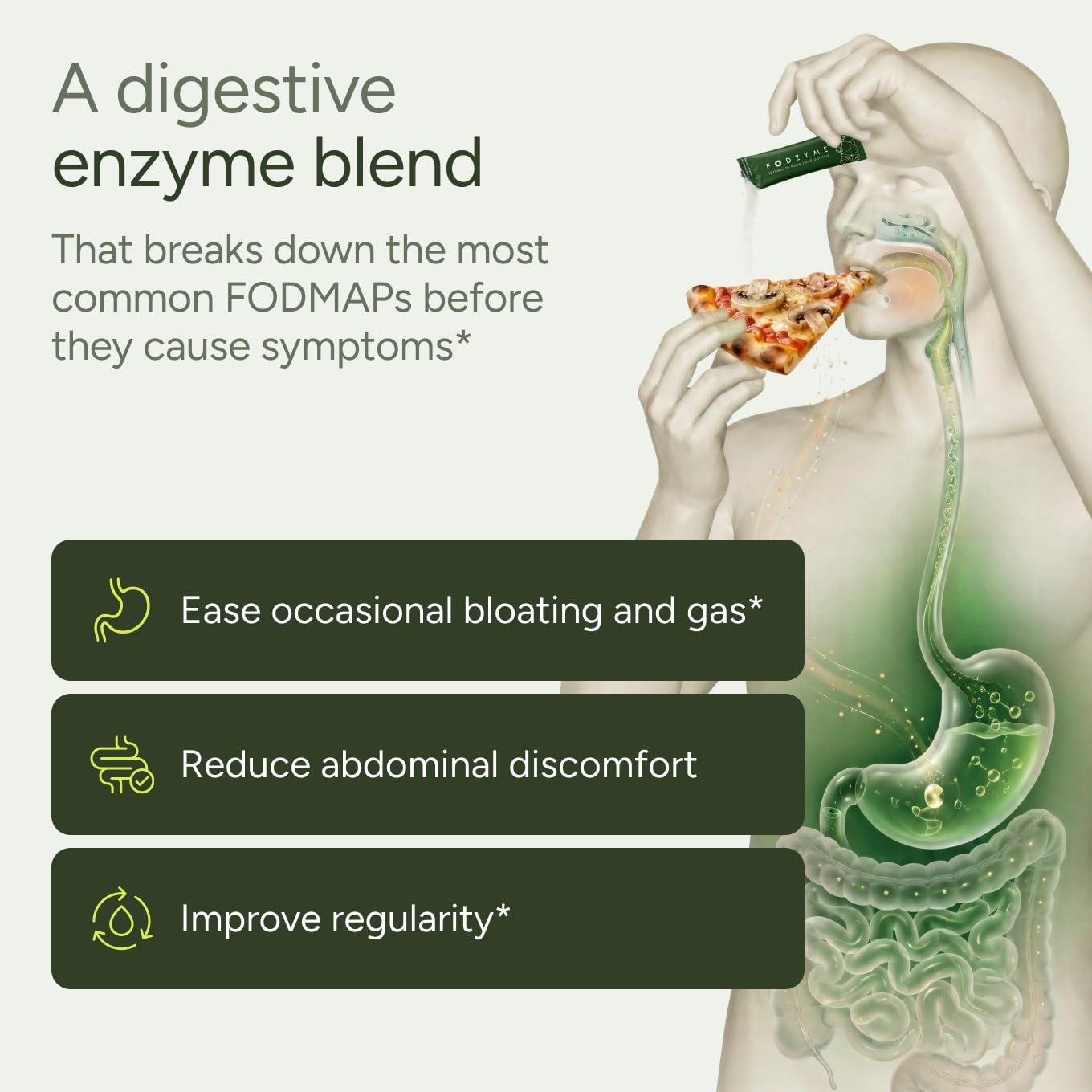 FODZYME powder sachet close-up highlighting tasteless texture