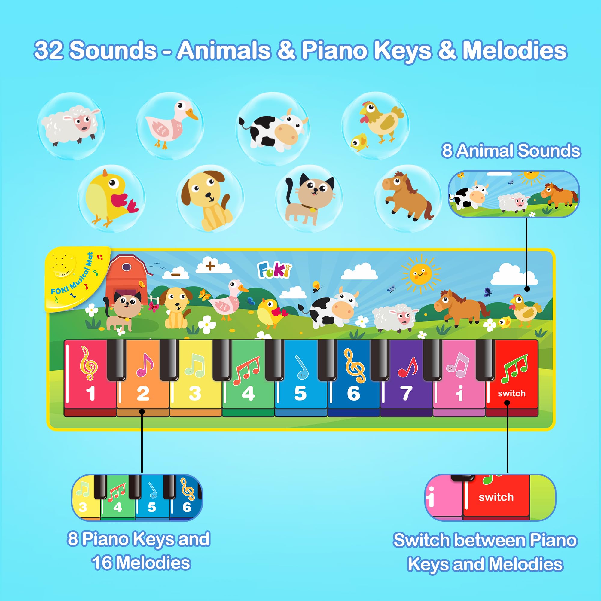 FOKI close-up of piano keys highlighting tactile buttons and clear note labels for learning
