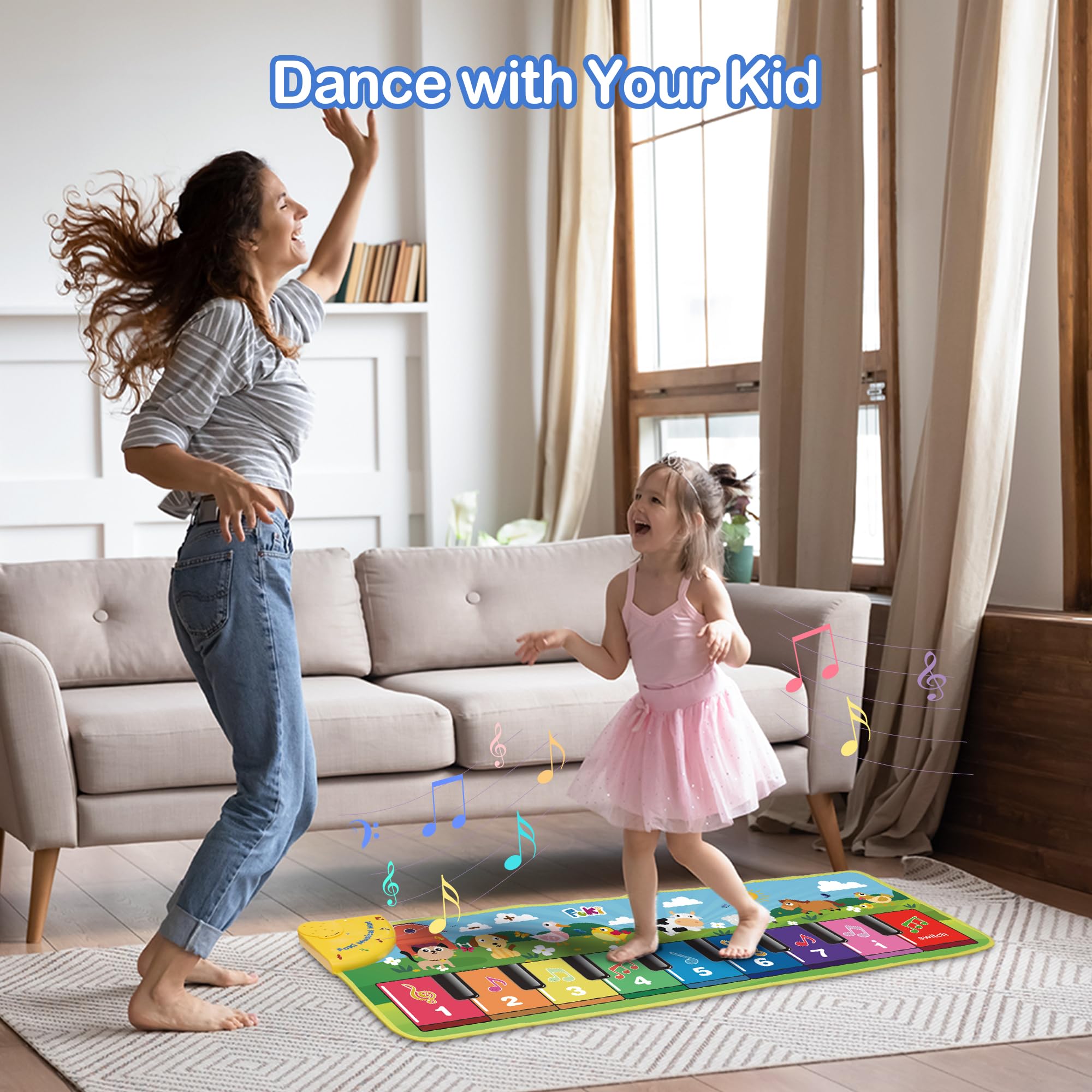 FOKI mat beside toddler to show scale and the interactive size for small children
