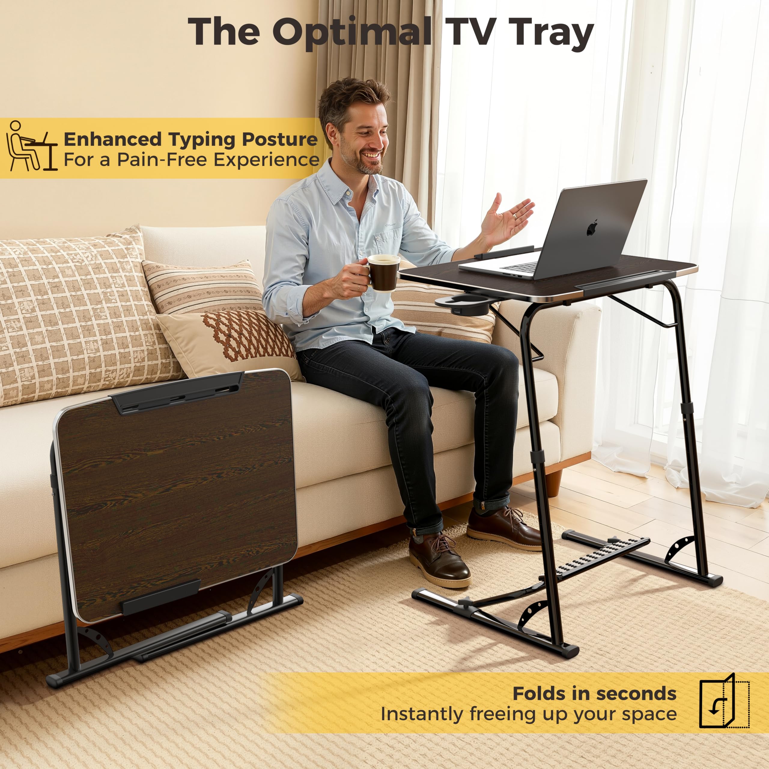 FoldWise in use with laptop on couch demonstrating ergonomic work comfort