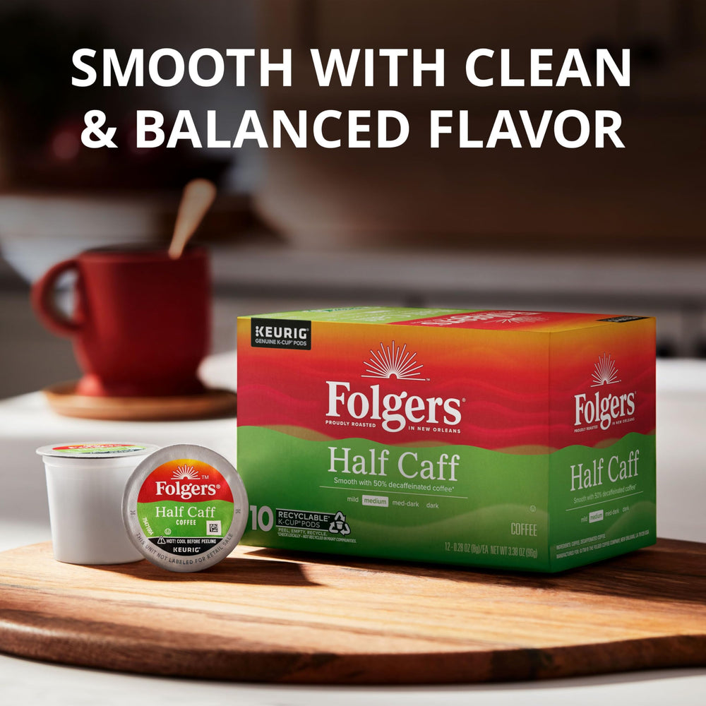 Stack of Folgers half caff boxes with side label visible for quantity and roast info