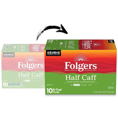 Steaming cup brewed from Folgers half caff pod highlighting aroma and smooth taste