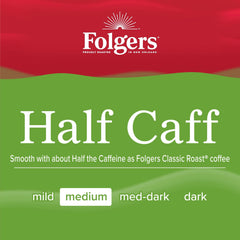 Folgers half caff K-Cup pod close-up showing pod detail and easy single-serve brewing