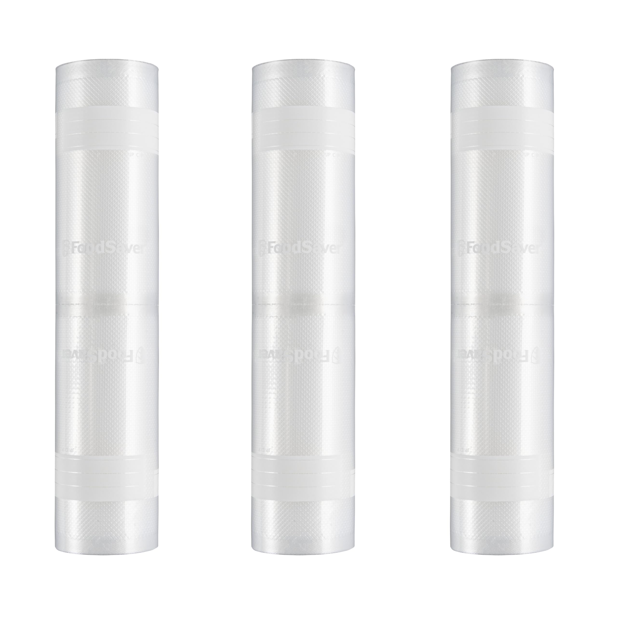 FoodSaver front packaging showing three 11 x 16' rolls and benefits
