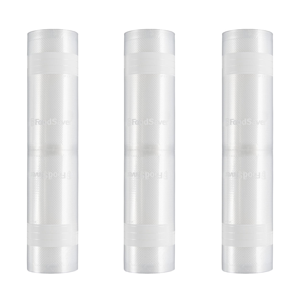 FoodSaver front packaging showing three 11 x 16' rolls and benefits
