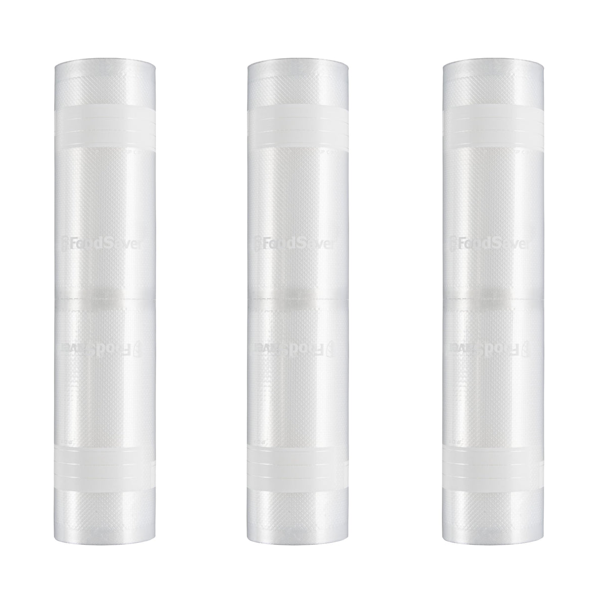 FoodSaver front packaging showing three 11 x 16' rolls and benefits