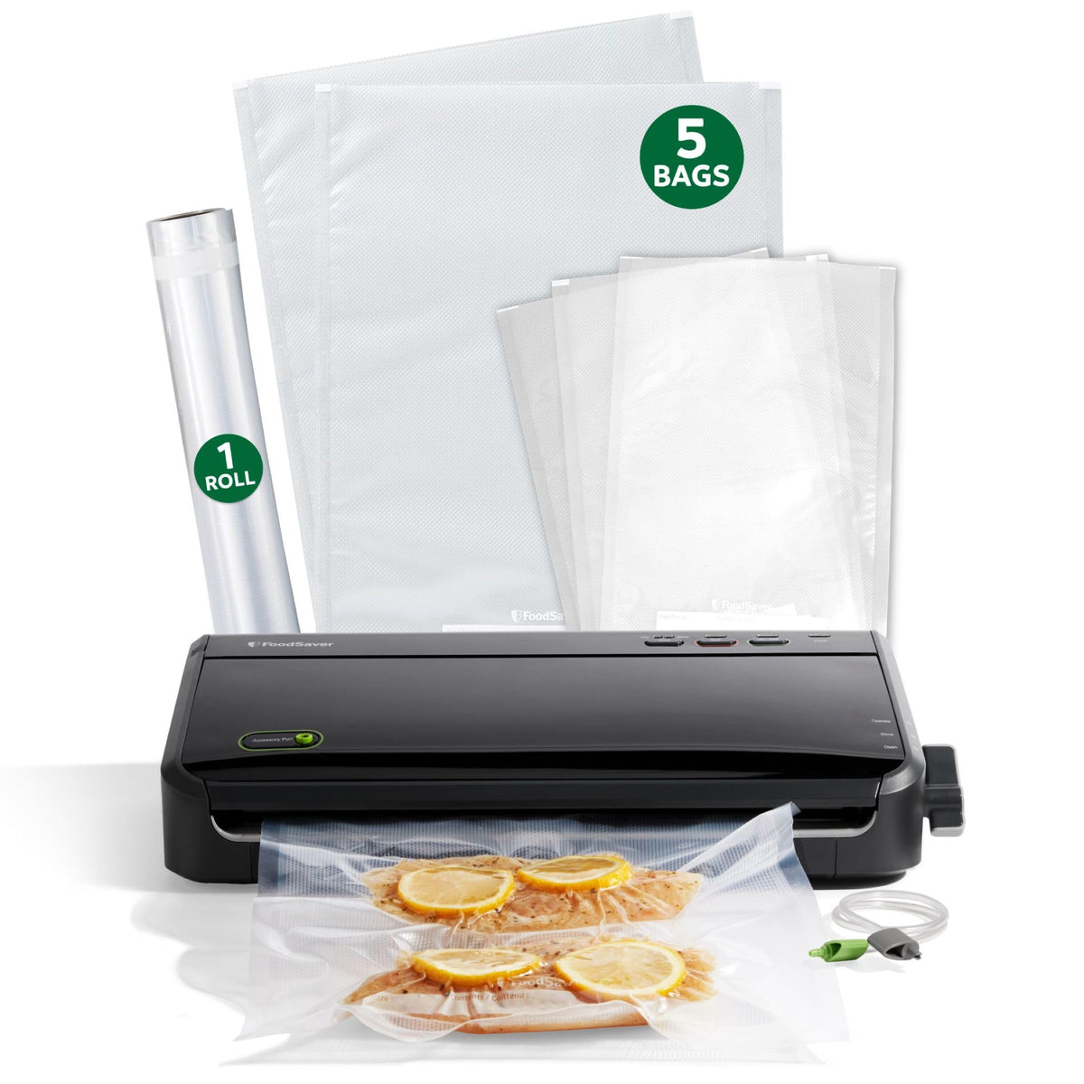FoodSaver front view of black vacuum sealer showing compact design and controls