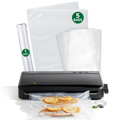 FoodSaver front view of black vacuum sealer showing compact design and controls
