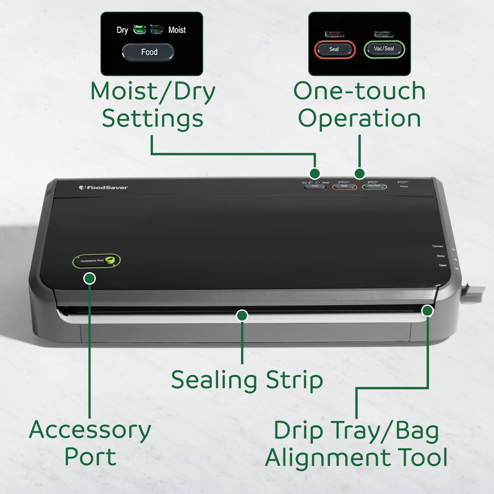 FoodSaver laid out with included 10' roll and pre-cut bags for immediate use