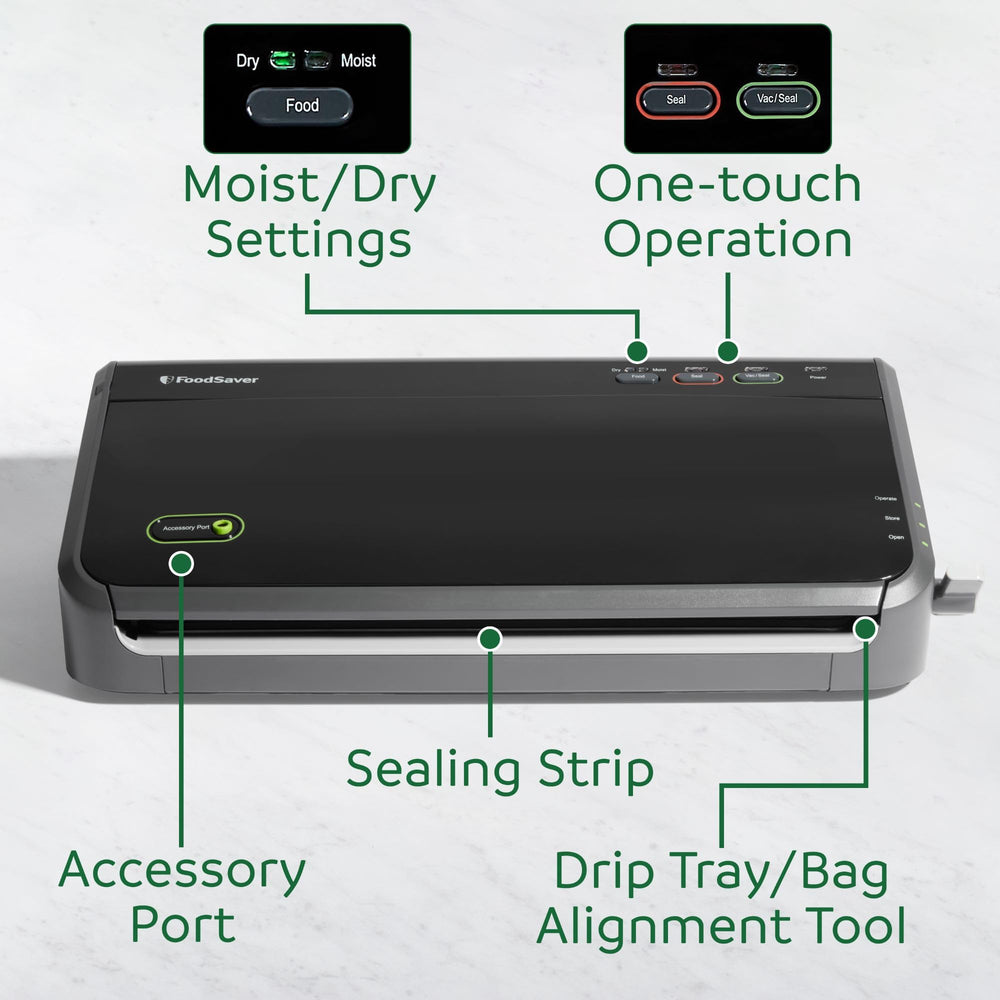 FoodSaver laid out with included 10' roll and pre-cut bags for immediate use
