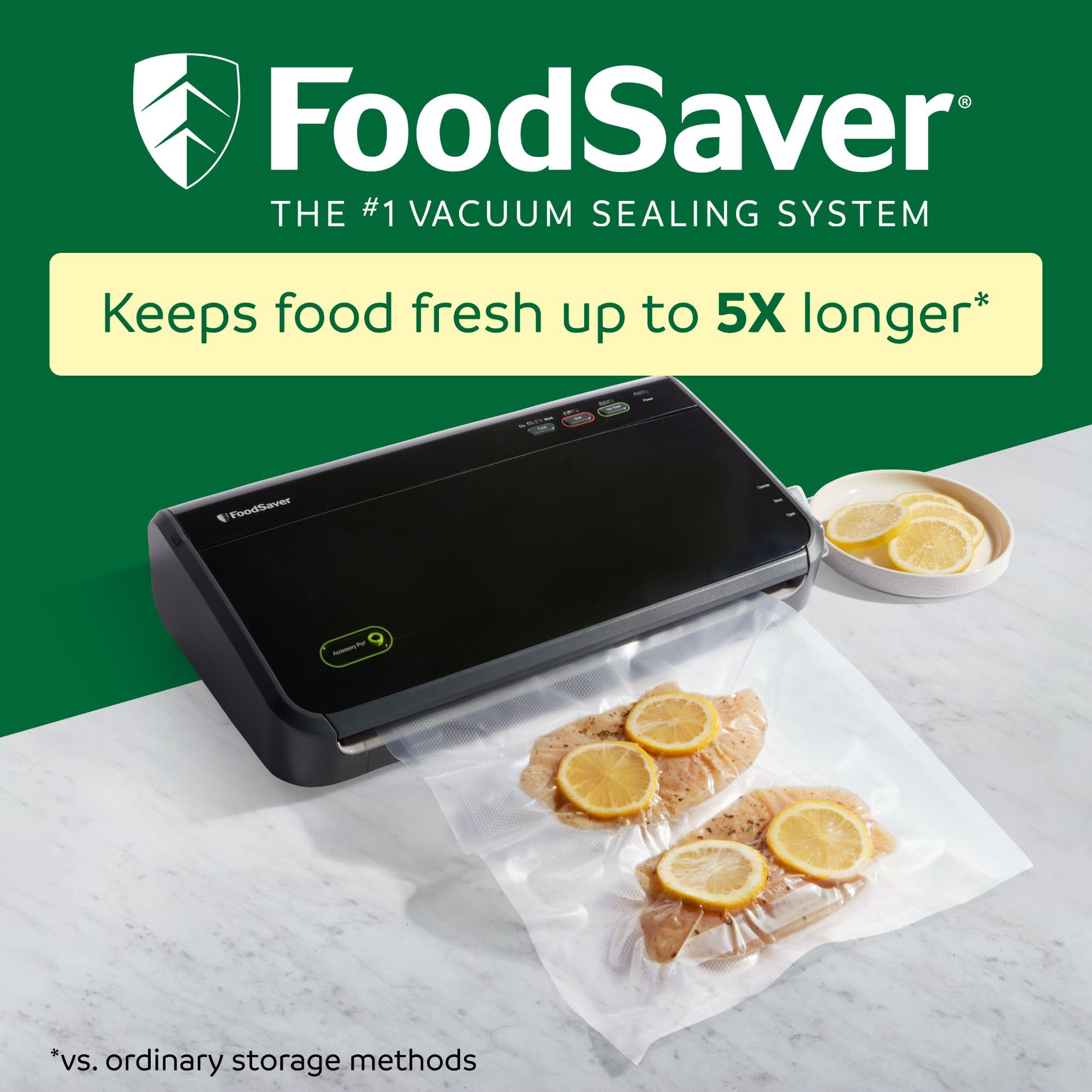 FoodSaver open lid with bag being positioned showing easy automatic detection