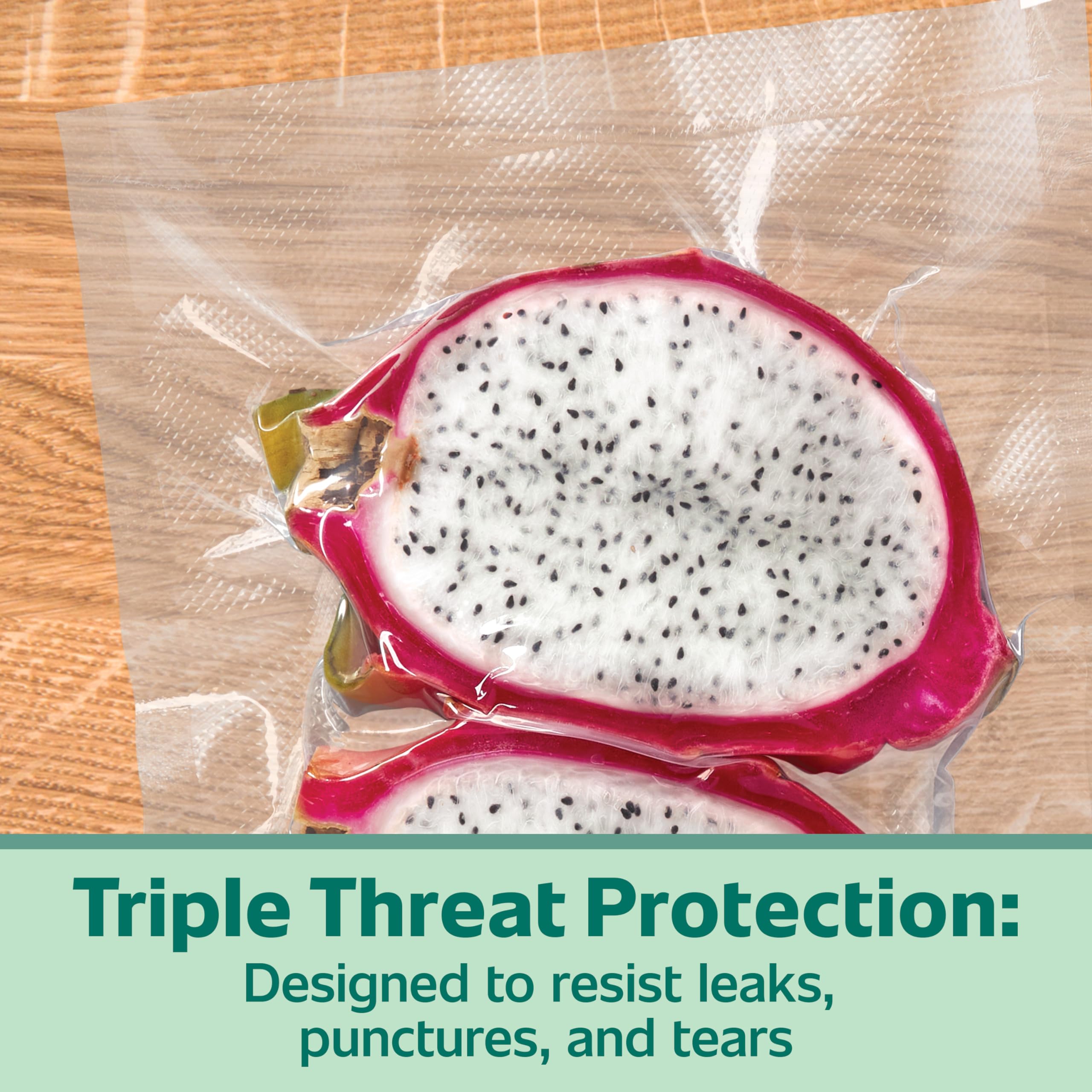 FoodSaver sealed quart bag with steak inside showing protection and leak prevention