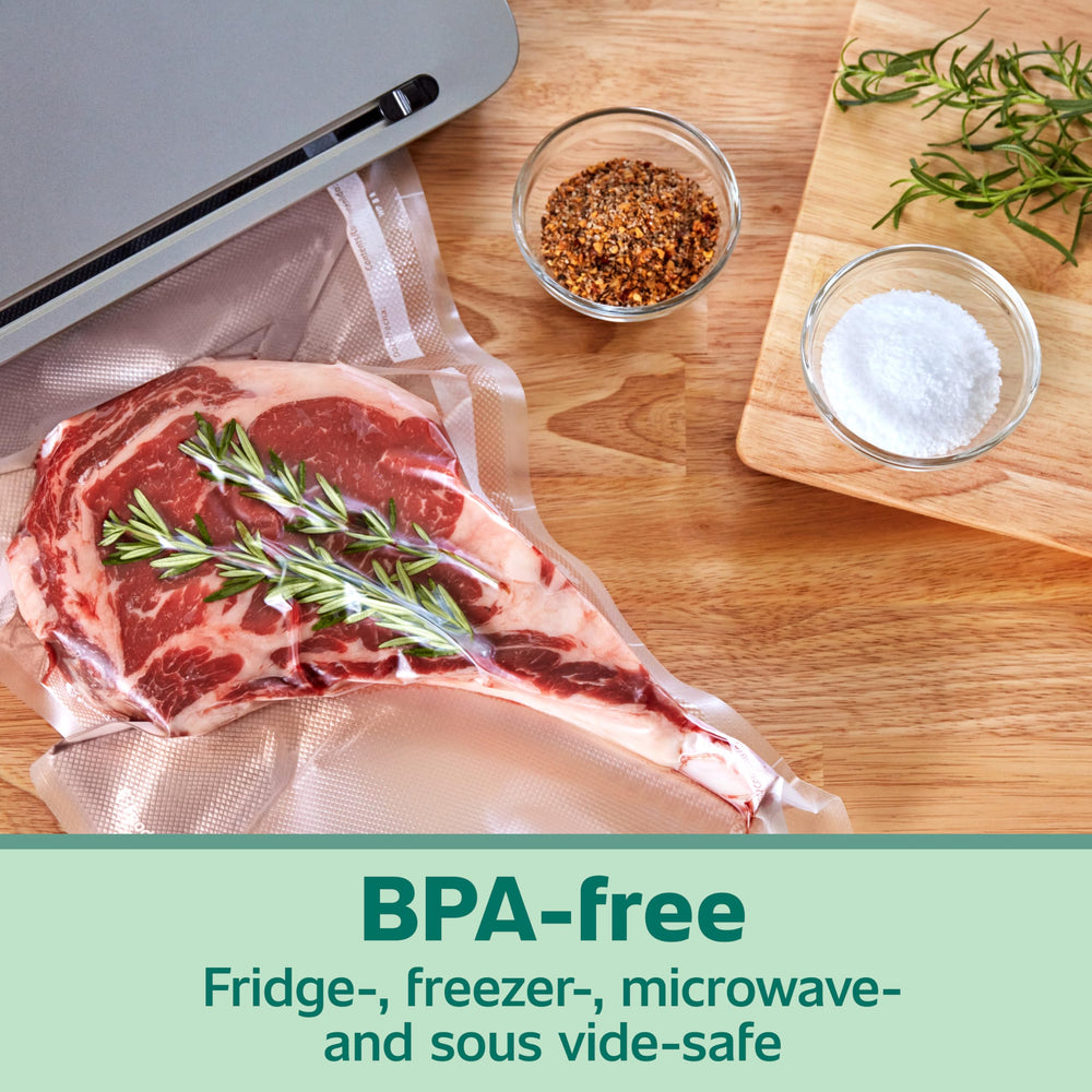 FoodSaver quart bag next to a hand demonstrating correct size and portion control