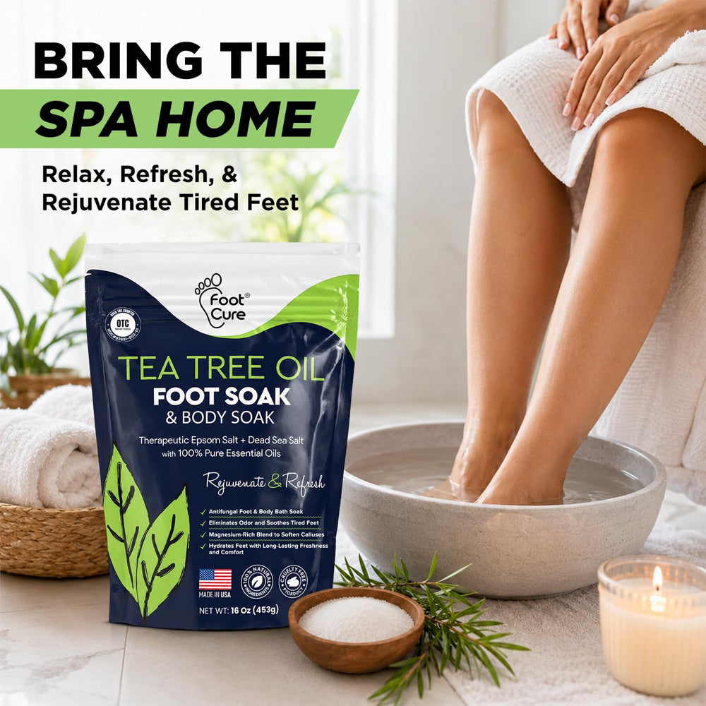 FOOT CURE lifestyle bathroom scene conveying spa-like home treatment