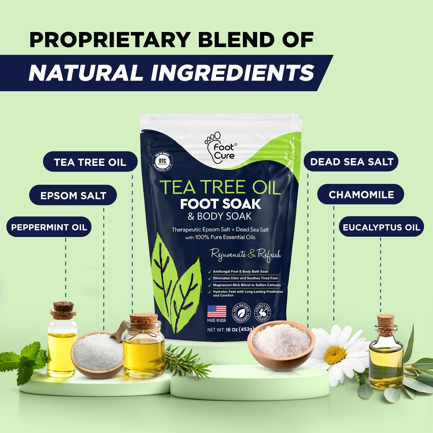 FOOT CURE pouring salt into basin to show easy use and measurement