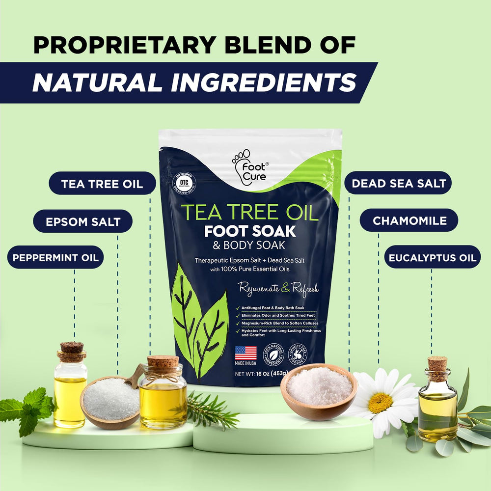 FOOT CURE pouring salt into basin to show easy use and measurement